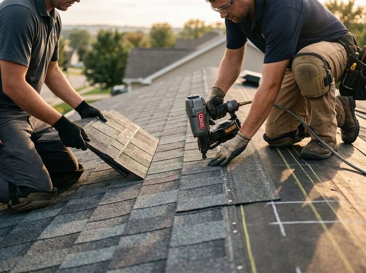Professional roofer working on a residential roof in Revere